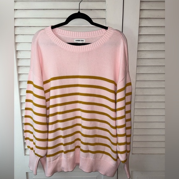 NWT Lands’ End Drifter Cotton Sweater Seasalt Pink Dijon Stripe Plus 2X 20W-22W - Picture 2 of 6